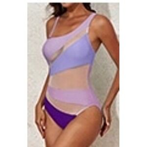B2PRITY Womens One Shoulder Mesh Cutout One Piece Swimsuit Purple Colorblock M